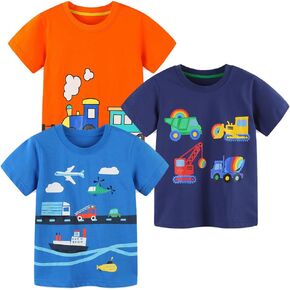 GFQLONG Toddlers Baby Boys Pack of 3 Cotton Short Sleeve Shirts Clothes Dinosaur Graphic T-Shirt Outfit