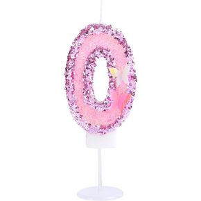 Butterfly Number 0 Candle Pink Glitter Sequins Number 0 Birthday Candle, Princess Toddler Girl Number 0 Cake Topper for Birthday Butterfly Theme Party Decorations