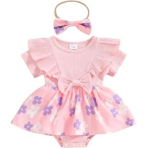 VISGOGO Toddler Baby Girl Summer Clothes Outfits Floral Ribbed Ruffles Short Sleeve Romper Dress with Headband