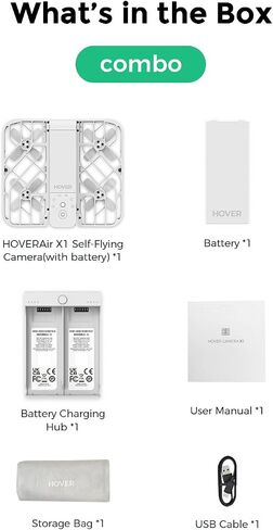 كاميرا HOVERAir X1 ذاتية الطيران، التقاط فيديو HDR بحجم الجيب، إقلاع راحة اليد، مسارات طيران ذكية، وضع Follow-Me، كاميرا عمل قابلة للطي مع تحكم بدون استخدام اليدين، أسود (كومبو) in Kuwait