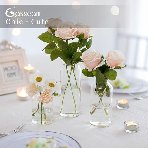 Glass Bud Vases for Centerpieces - Glasseam Clear Small Flower Vase Decor Bulk Set of 12 Handmade Modern Decorative Vases for Flowers Wedding Centerpiece for Dining Table Decoration in Kuwait