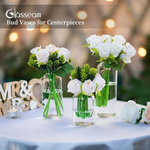 Glass Bud Vases for Centerpieces - Glasseam Clear Small Flower Vase Decor Bulk Set of 12 Handmade Modern Decorative Vases for Flowers Wedding Centerpiece for Dining Table Decoration in Kuwait