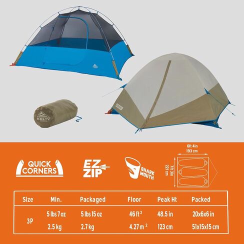 Kelty Ashcroft Camp Tent - 1, 2 or 3 Person Camping Shelter with Full Coverage Rainfly, Lightweight Aluminum Poles, Camping Backpacking Festival Shelter in Saudi Arabia