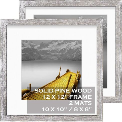 إطارات صور مقاس 12 × 12 من الخشب الصلب من خشب الجوز الريفي مقاس 10 × 10 أو 8 × 8 مع حصيرة أو 12 × 12 بدون حصيرة - إطارات صور مربعة مقاس 12 × 12 بوصة مع سجادتين للجدار أو التركيب على سطح الطاولة، عبوة واحدة in Kuwait