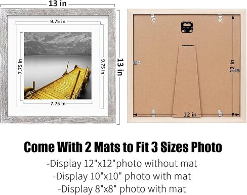 إطارات صور مقاس 12 × 12 من الخشب الصلب من خشب الجوز الريفي مقاس 10 × 10 أو 8 × 8 مع حصيرة أو 12 × 12 بدون حصيرة - إطارات صور مربعة مقاس 12 × 12 بوصة مع سجادتين للجدار أو التركيب على سطح الطاولة، عبوة واحدة in Kuwait