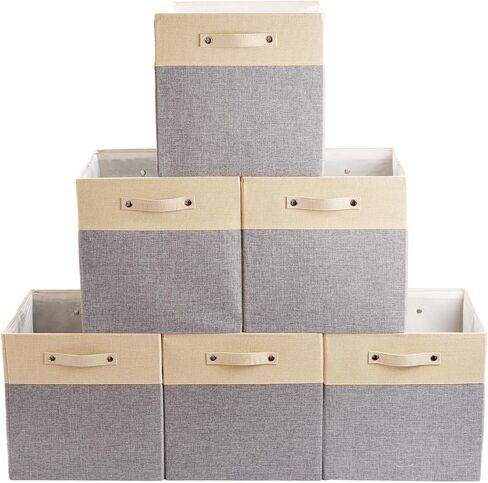 صناديق تخزين قابلة للطي مقاس 13 × 13 مكعبات تخزين من القماش وسلال تخزين من الكتان للأرفف ودرج بمقابض لتنظيم الخزانة وغرفة المرافق وغرفة التخزين والحضانة وغرفة النوم مكونة من 4 قطع باللون الأبيض والأزرق الداكن in Kuwait