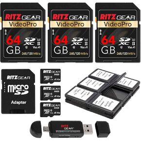 Ritz Gear 4K SDXC 64GB U3 V60 Memory Card 3-Pack +64GB V30 Extreme Performance MicroSDXC Memory Card 3-Pack with Vivitar 6 Panel SD Card Holder and Memory Card Reader