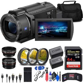 Sony FDR-AX43 UHD 4K Handycam Camc (FDRAX43/B) + 64GB Memory Card + NP-FV70 Battery + Filter Kit + Wide Angle Lens + Telephoto Lens + Bag + Charger + Card Reader + HDMI Cable + More (Renewed), Black