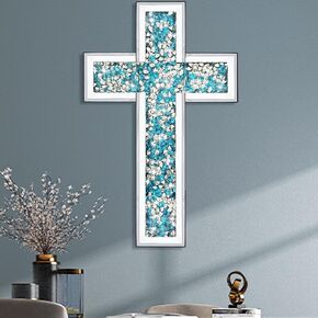 Uaussi Crushed Diamond Mirrored Wall Cross Glass Mirror Crystal Cross for Wall Table 15.7x10 Inch Decorative Home Décor-Blue
