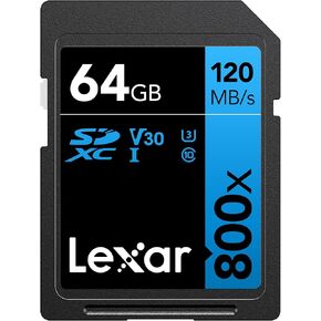 Lexar SDXC High-Performance 64GB 800x UHS-I Series BLUE, Class 10, U3, V30, for 4K Video Recording, High Transfer Speed, Black/Blue