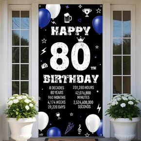 Happy 80th Birthday Decoration for Men Women, Fabric 80th Birthday Backdrop Banner Blue, 80 Year Old Birthday Party Yard Sign Photo Props Door Decor Supplies for Outdoor Indoor