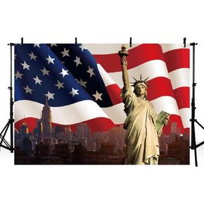 5x3FT Vinyl American Flag Backdrop 4th of July Celebrate National Day American Flag Statue of Liberty Photography Background Urban Buildings Background for Children Adult Photo Studio Props