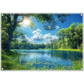 Fabric 7x5ft Lake Natural Scenery Backdrop River Camp Banner | Mountain Forest Tree Blue Sky Bokeh Photography Background, Picnic Hiking Party Decorations, Spring Outdoor Photo Props in Kuwait