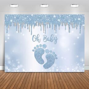 Mocsicka Blue Silver Oh Baby Backdrop Little Feet Baby Shower Background for Boy Footprint Baby Shower Party Decorations Banner Photo Booth Backdrops (7x5ft)