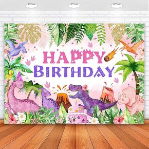 Avezano Dinosaur Birthday Backdrop Watercolor Jungle Dinosaur Birthday Party Decorations for Girls Kids Birthday Party Photography Background Cake Dessert Table Decorations, 7x5ft
