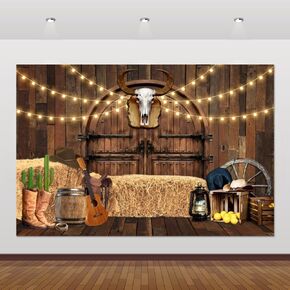 Western Cowboy Backdrop 20x10ft Wild West Rodeo Saloon Barn Door Rustic Wooden House Country Fall Farm Warehouse Barnyard Photography Background Birthday Party Banner Photoshoot Decorations Supplies