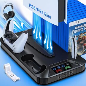 PS5 / PS5 Slim Cooling Station with Controller Charging Station for PlayStation 5 Console Disc/Digital, PS5 Cooling Stand with Cooler Fan Accessories for PS5 Slim with 3 USB Hubs/Headset Holder/Screw