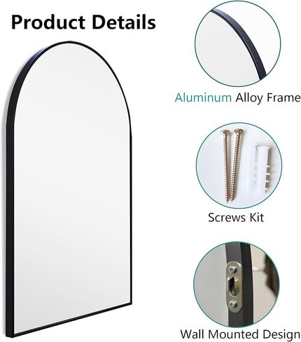 مجموعة دولونم 2 مرآة حائط مقوسة مقاس 36 × 24 بوصة، مرايا زينة للحمام، مرايا قوس بإطار من سبائك الألومنيوم للجدار، مرايا مثبتة على الحائط للحمام، المدخل، أسود (مجموعة من 2) in Kuwait