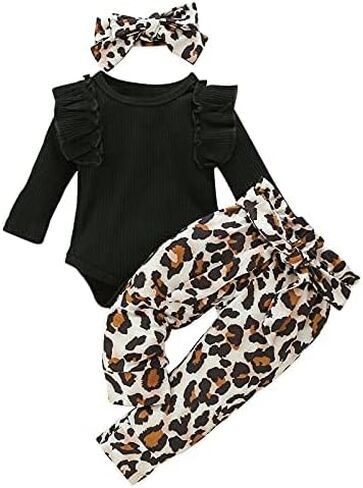 3Pcs Baby Girl Leopard Clothes Ruffles Long Sleeve Fall Outfits Infant Baby Black Jumpsuit 0-24 Months in Saudi Arabia