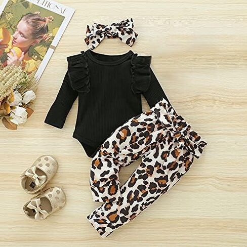 3Pcs Baby Girl Leopard Clothes Ruffles Long Sleeve Fall Outfits Infant Baby Black Jumpsuit 0-24 Months in Saudi Arabia