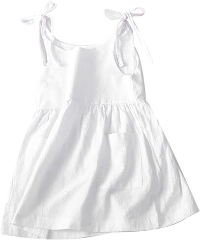 GLIGLITTR Toddler Baby Girls Summer Cotton Linen White Dress Bow Straps Sleeveless with Pockets Party Beach Casual Sundress in Saudi Arabia
