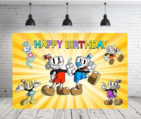 Cartoon Backdrop 5x3ft Photo Background for Birthday Party Supplies Cuphead Birthday Baby Shower Banner for Party Decorations in Saudi Arabia