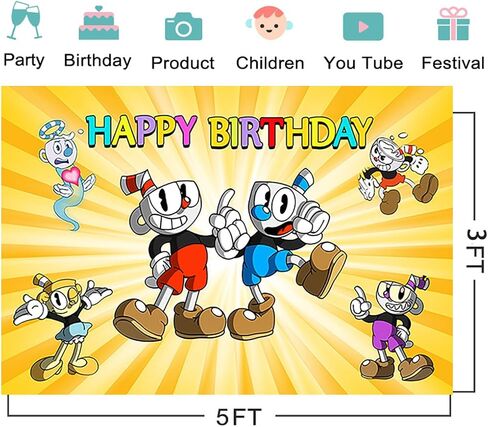 Cartoon Backdrop 5x3ft Photo Background for Birthday Party Supplies Cuphead Birthday Baby Shower Banner for Party Decorations in Saudi Arabia