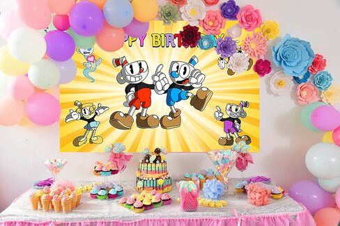 Cartoon Backdrop 5x3ft Photo Background for Birthday Party Supplies Cuphead Birthday Baby Shower Banner for Party Decorations in Saudi Arabia