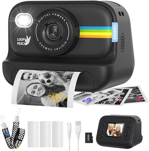Instant Print Camera for Kids, Birthday Gifts for Girls and Boys Ages 3-12 - 1080P Video Camera for Kids, Gift Ideas for Boys Ages 3 4 5 6 7 8 9 10 11 12 - Girls' Gifts for Christmas/Holidays - Black in Saudi Arabia
