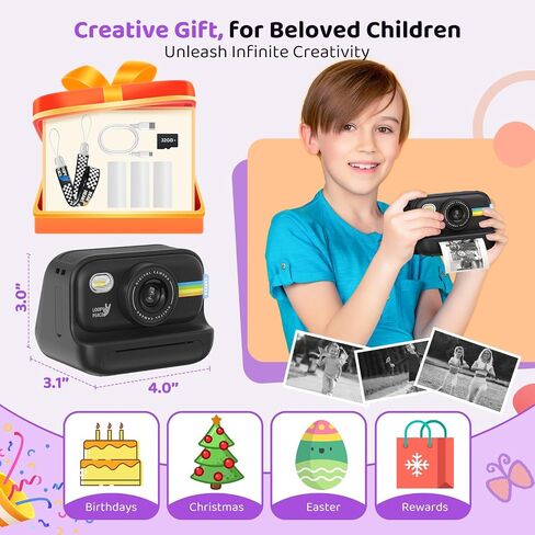 Instant Print Camera for Kids, Birthday Gifts for Girls and Boys Ages 3-12 - 1080P Video Camera for Kids, Gift Ideas for Boys Ages 3 4 5 6 7 8 9 10 11 12 - Girls' Gifts for Christmas/Holidays - Black in Saudi Arabia