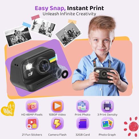 Instant Print Camera for Kids, Birthday Gifts for Girls and Boys Ages 3-12 - 1080P Video Camera for Kids, Gift Ideas for Boys Ages 3 4 5 6 7 8 9 10 11 12 - Girls' Gifts for Christmas/Holidays - Black in Saudi Arabia