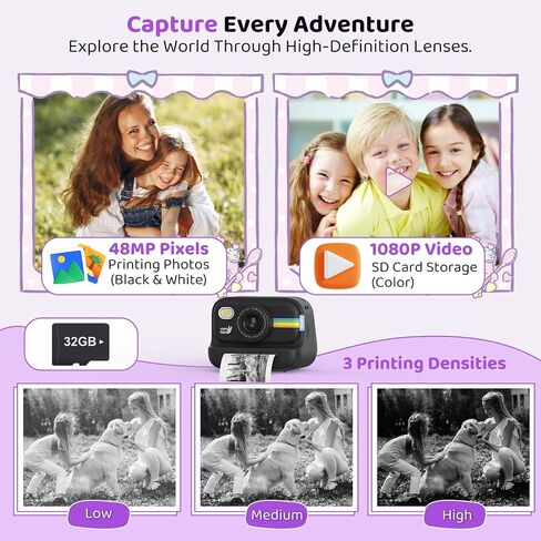 Instant Print Camera for Kids, Birthday Gifts for Girls and Boys Ages 3-12 - 1080P Video Camera for Kids, Gift Ideas for Boys Ages 3 4 5 6 7 8 9 10 11 12 - Girls' Gifts for Christmas/Holidays - Black in Saudi Arabia