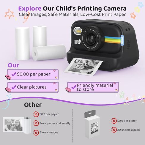 Instant Print Camera for Kids, Birthday Gifts for Girls and Boys Ages 3-12 - 1080P Video Camera for Kids, Gift Ideas for Boys Ages 3 4 5 6 7 8 9 10 11 12 - Girls' Gifts for Christmas/Holidays - Black in Saudi Arabia