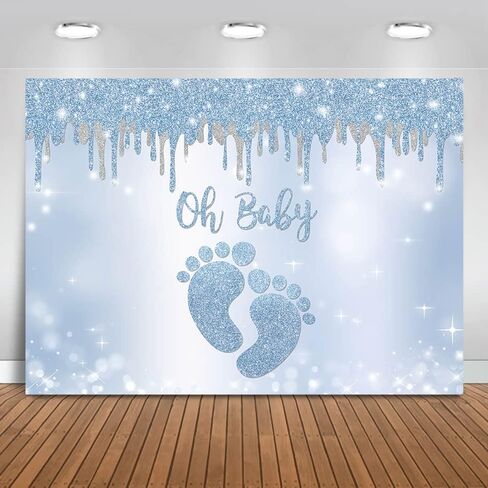 Mocsicka Blue Silver Oh Baby Backdrop Little Feet Baby Shower Background for Boy Footprint Baby Shower Party Decorations Banner Photo Booth Backdrops (7x5ft) in Saudi Arabia
