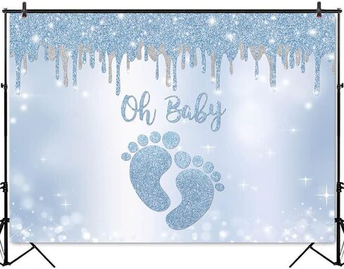 Mocsicka Blue Silver Oh Baby Backdrop Little Feet Baby Shower Background for Boy Footprint Baby Shower Party Decorations Banner Photo Booth Backdrops (7x5ft) in Saudi Arabia