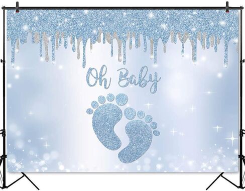 Mocsicka Blue Silver Oh Baby Backdrop Little Feet Baby Shower Background for Boy Footprint Baby Shower Party Decorations Banner Photo Booth Backdrops (7x5ft) in Saudi Arabia