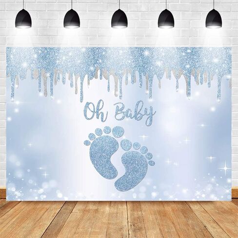 Mocsicka Blue Silver Oh Baby Backdrop Little Feet Baby Shower Background for Boy Footprint Baby Shower Party Decorations Banner Photo Booth Backdrops (7x5ft) in Saudi Arabia