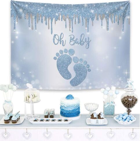 Mocsicka Blue Silver Oh Baby Backdrop Little Feet Baby Shower Background for Boy Footprint Baby Shower Party Decorations Banner Photo Booth Backdrops (7x5ft) in Saudi Arabia