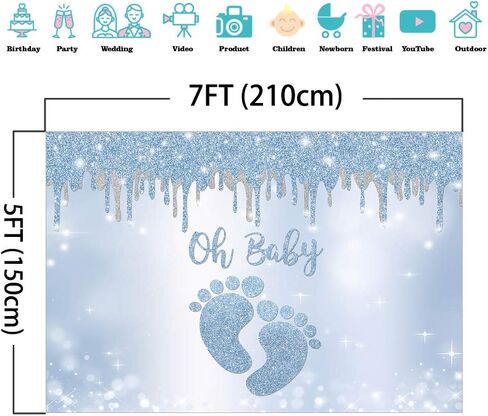 Mocsicka Blue Silver Oh Baby Backdrop Little Feet Baby Shower Background for Boy Footprint Baby Shower Party Decorations Banner Photo Booth Backdrops (7x5ft) in Saudi Arabia