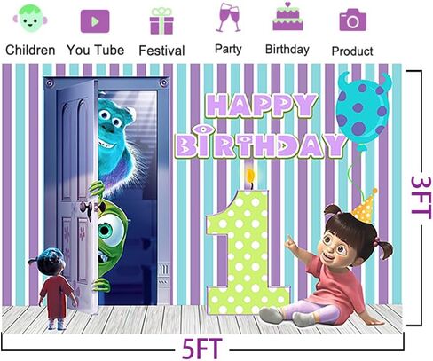 خلفية Blue Monster Inc لمستلزمات حفلات أعياد الميلاد الأولى مقاس 5x3ft Monster Inc Boo موضوع لافتة استحمام الطفل لتزيين طاولة الكيك وحفلات أعياد الميلاد in Kuwait