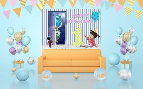 خلفية Blue Monster Inc لمستلزمات حفلات أعياد الميلاد الأولى مقاس 5x3ft Monster Inc Boo موضوع لافتة استحمام الطفل لتزيين طاولة الكيك وحفلات أعياد الميلاد in Kuwait