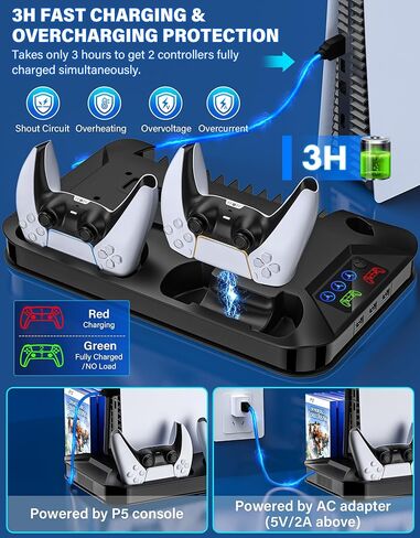 محطة تبريد رفيعة PS5 / PS5 مع محطة شحن وحدة تحكم لجهاز Playstation 5 قرص/رقمي، حامل تبريد PS5 مع ملحقات مروحة تبريد لجهاز PS5 Slim مع 3 محاور USB/حامل سماعة الرأس/برغي in Kuwait