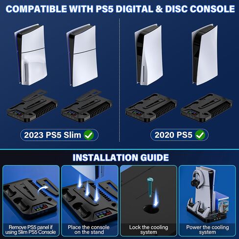 محطة تبريد رفيعة PS5 / PS5 مع محطة شحن وحدة تحكم لجهاز Playstation 5 قرص/رقمي، حامل تبريد PS5 مع ملحقات مروحة تبريد لجهاز PS5 Slim مع 3 محاور USB/حامل سماعة الرأس/برغي in Kuwait