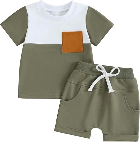 FOCUSNORM Toddler Baby Boy Summer Clothes Infant T Shirt Shorts Outfits Soild Color Short Sleeve T-Shirt Newborn Baby Clothes in Kuwait