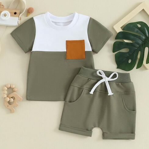 FOCUSNORM Toddler Baby Boy Summer Clothes Infant T Shirt Shorts Outfits Soild Color Short Sleeve T-Shirt Newborn Baby Clothes in Kuwait
