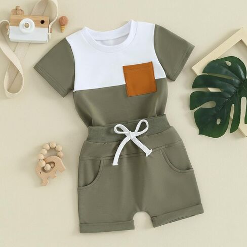 FOCUSNORM Toddler Baby Boy Summer Clothes Infant T Shirt Shorts Outfits Soild Color Short Sleeve T-Shirt Newborn Baby Clothes in Kuwait