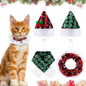 4 Pcs Christmas Cat Costumes Set Cat Santa Hats with Scarf and Collar Xmas Cat Outfit for Cats Small Dogs Puppy Tiny Pets Christmas Muffler Head Wear Accessory (Red Black, Plaid Pattern)