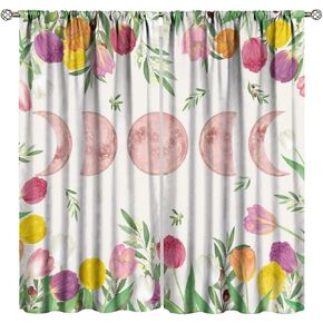 Pink Moon Phase Curtains, Rustic Farmhouse Watercolor Botanical Colorful Tulips Spring Olive Leaves Print Window Drapes for Living Room Bedroom Kitchen 42" W X 45" L
