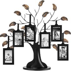Americanflat Family Tree Picture Frame - Includes 6 Hanging 2x3 Picture Frames - Adjustable Ribbon Tassels - Perfect for Mother's Day, Birthdays, Christmas Day, Anniversary - Black and Bronze
