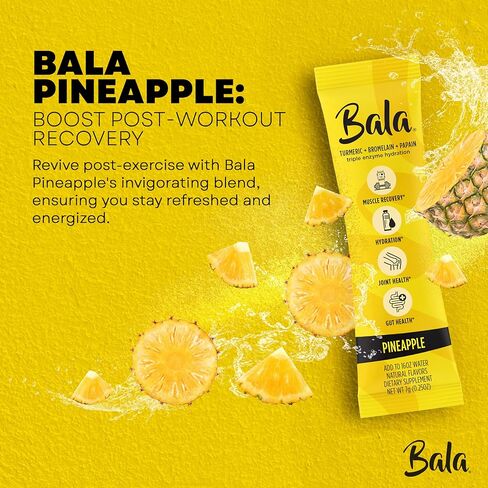 عبوة مزيج مشروب الكركم المرطب من BALA | مسحوق إلكتروليت خالي من السكر، تعافي العضلات، دعم المناعة، تخفيف المفاصل | إنزيمات نباتية، بروميلين - أناناس (30 عبوة) in Kuwait